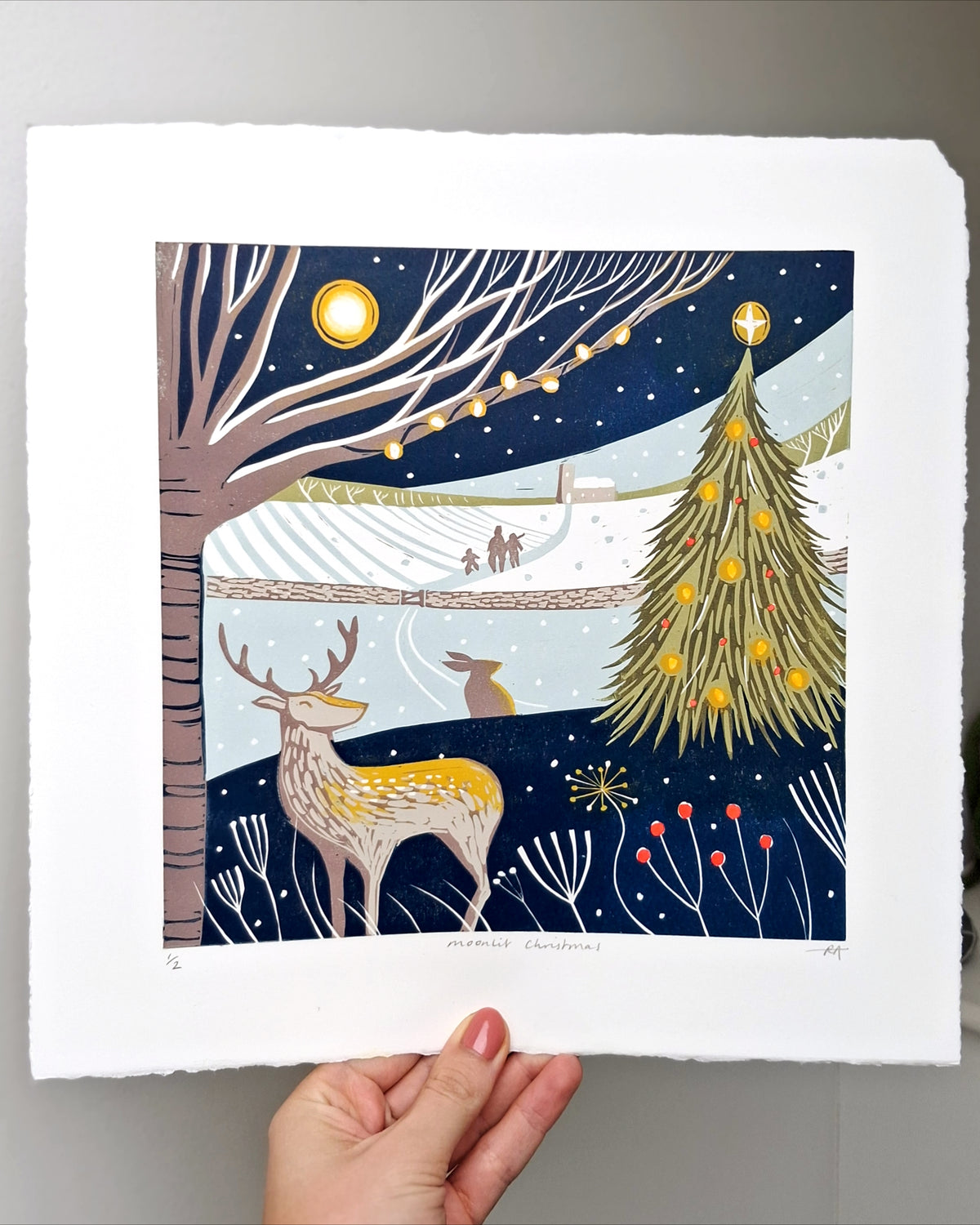 Moonlit Christmas - Original Lino Print