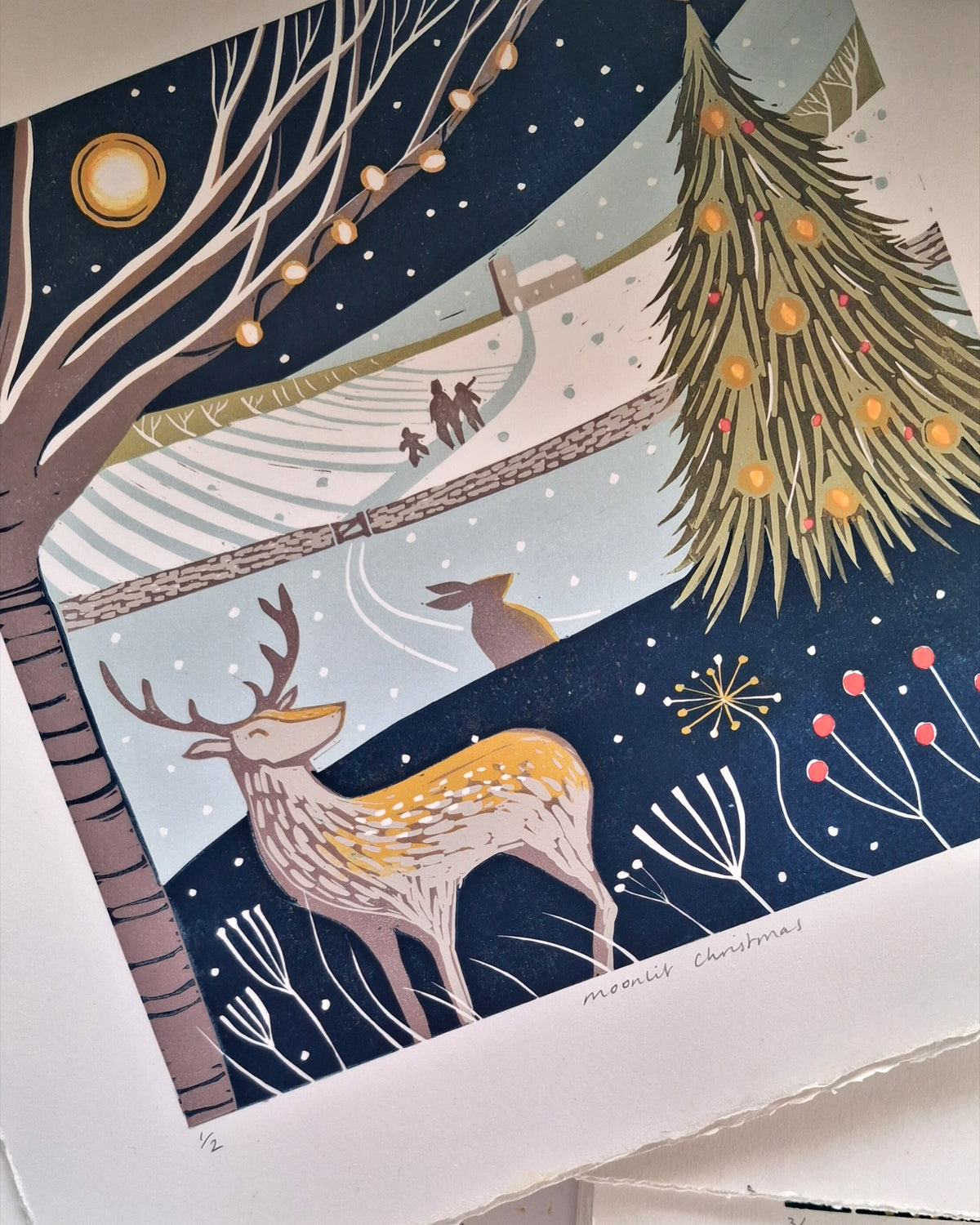 Moonlit Christmas - Original Lino Print