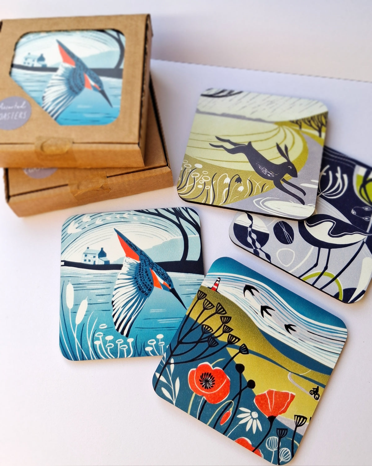 Set of 4 Coasters - Lino Print Designs