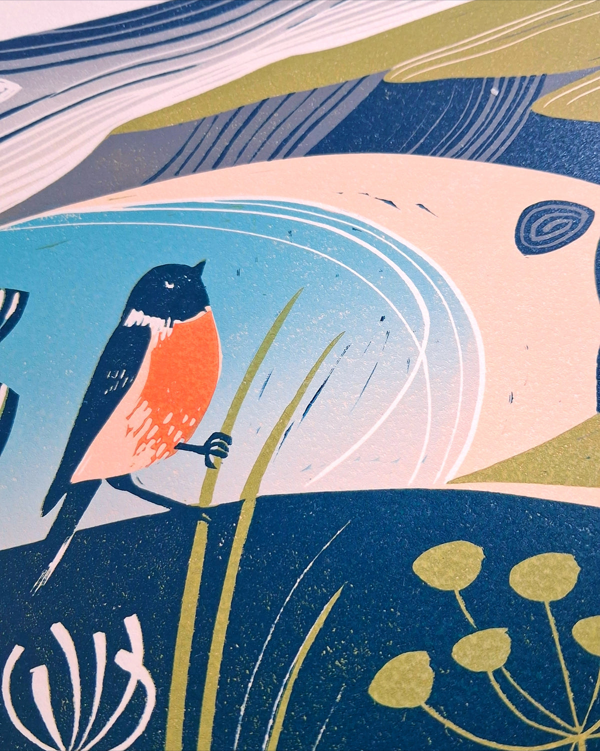 SECONDS - Stonechat, Lantic Bay Lino Print