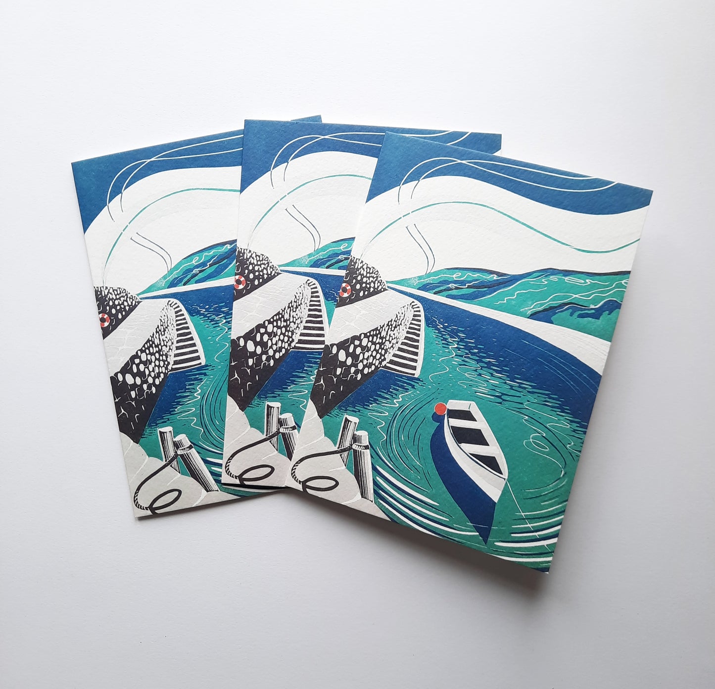 Safe Haven - Greetings Card | Lino Print reproduction | Coastal Landscape | Notecard