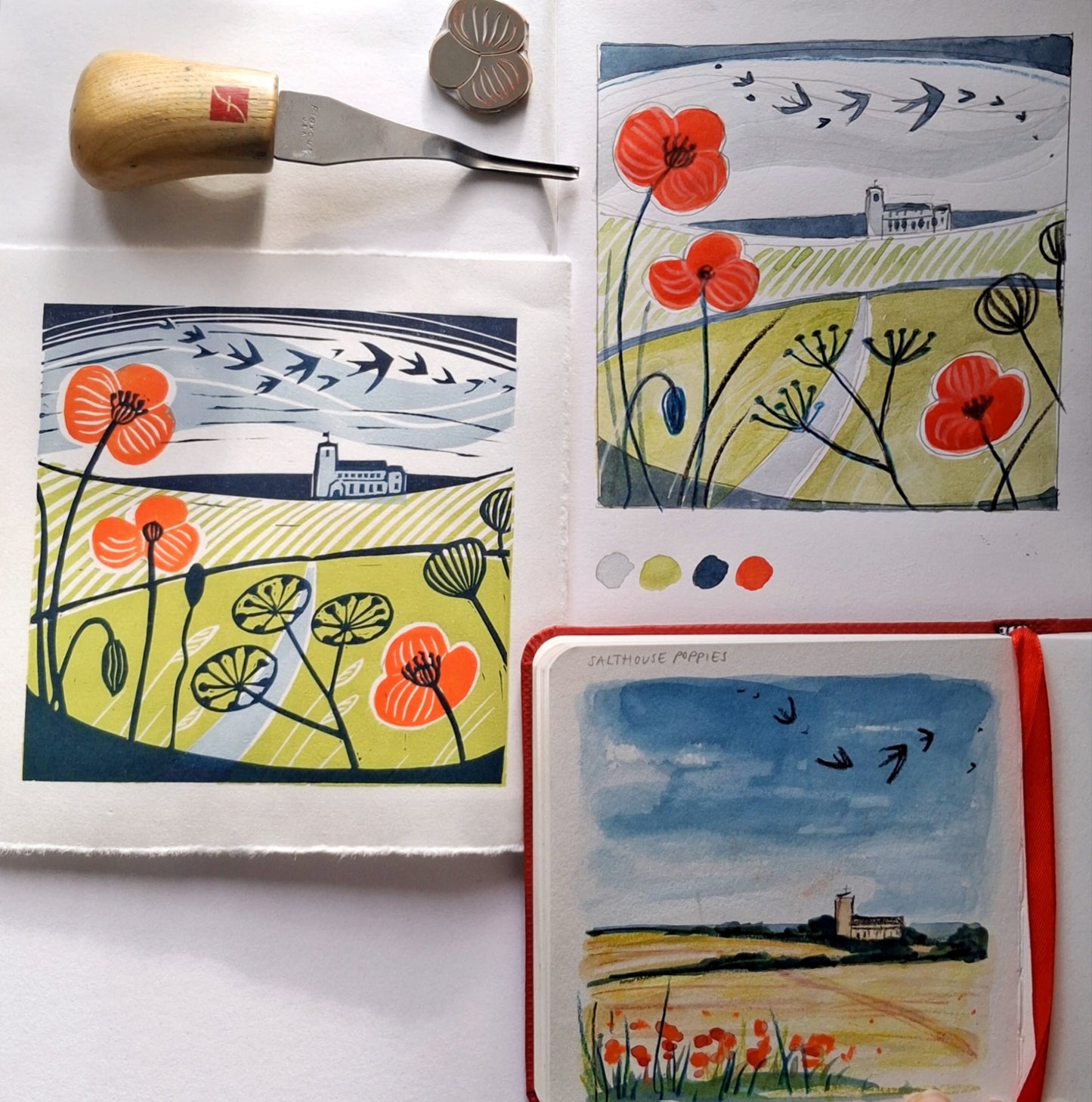 Norfolk Poppies - Original Lino Print