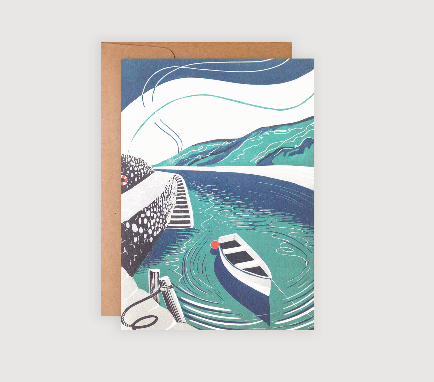Safe Haven - Greetings Card | Lino Print reproduction | Coastal Landscape | Notecard