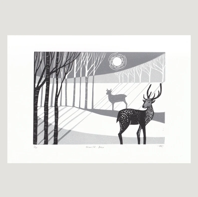 Moonlit Deer - Original Lino Print | Unframed | Lino Cut | Gift Idea