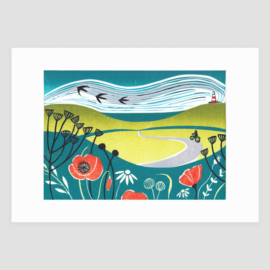 Towards the Sea - Original Lino Print | Countryside Art | Summer Print | Unframed