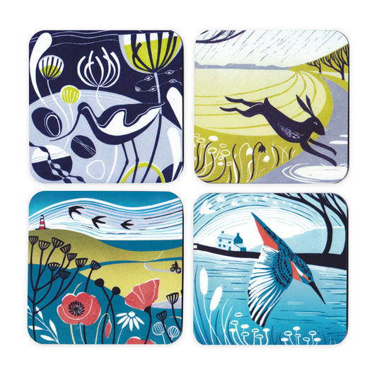 Set of 4 Coasters - Lino Print Designs