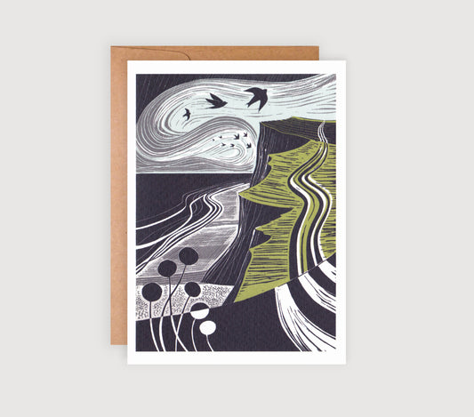 Winding Path - Greetings Card | Lino Print reproduction | Norfolk Coastal Landscape | Notecard