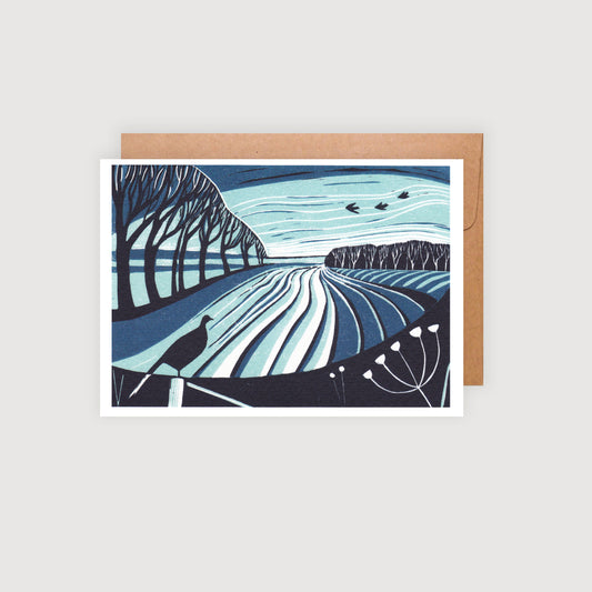 Winter Furrows Greetings Card | Blank Card | Pheasant Lino Print | Notecard