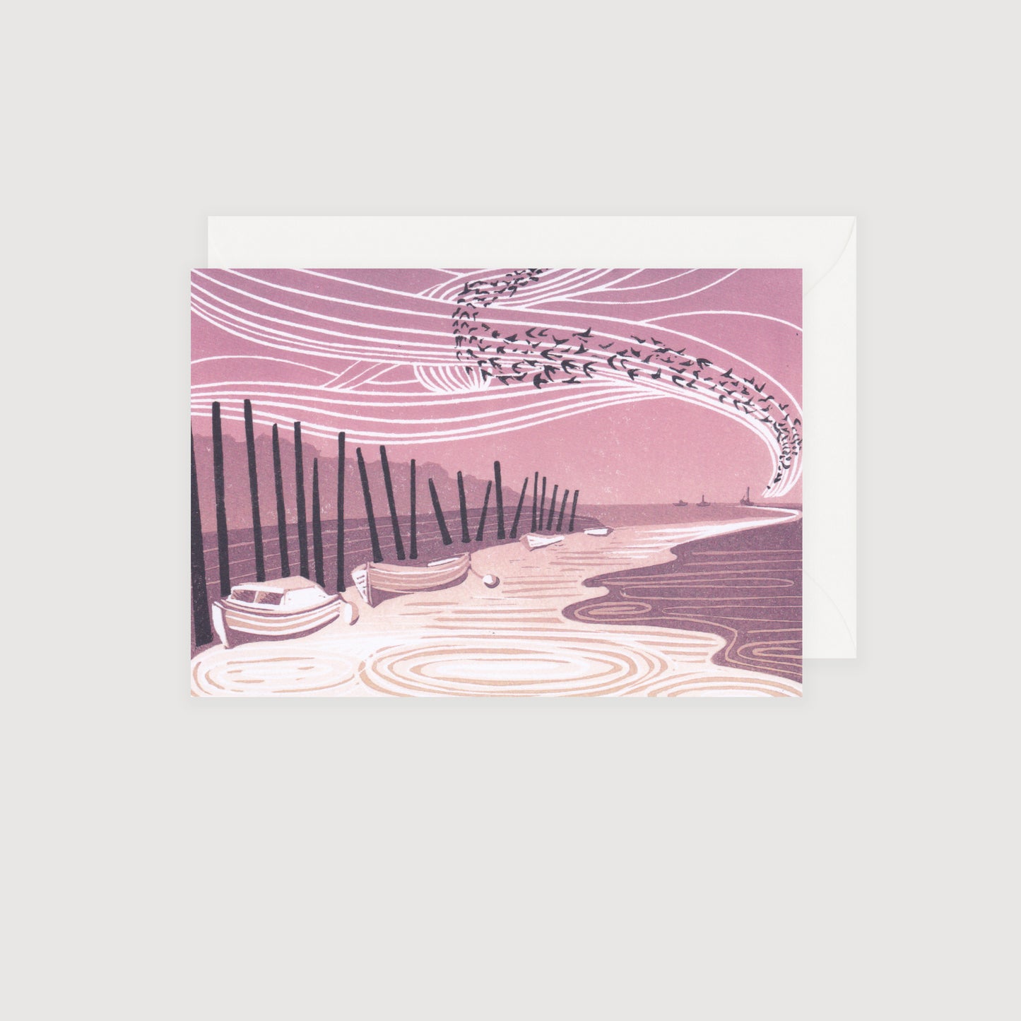 Winter Sunset, Blakeney - Greetings Card | Lino Print reproduction | Norfolk Landscape | Notecard