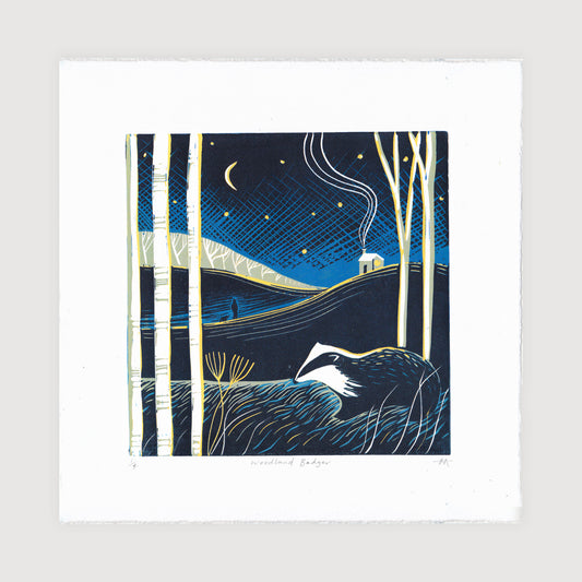 Woodland Badger - Original Lino Print