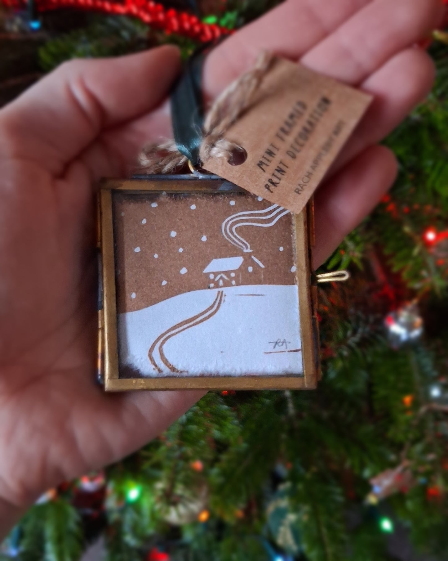 Mini Lino Print Brass Frame Christmas Decoration