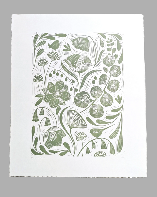 Blooms & Birds - Original Lino Print Sage Green