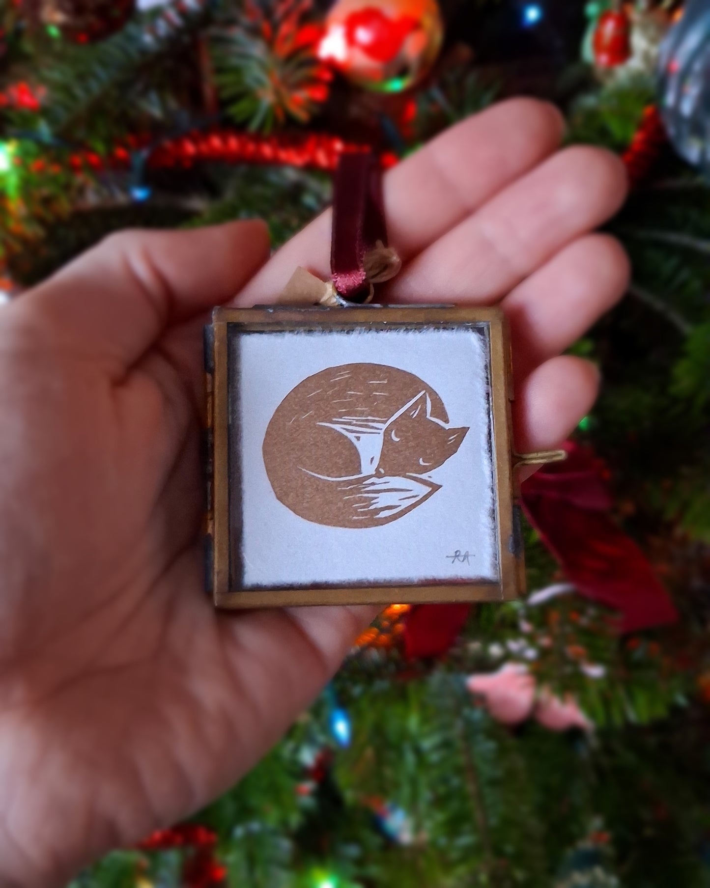 Mini Lino Print Brass Frame Christmas Decoration