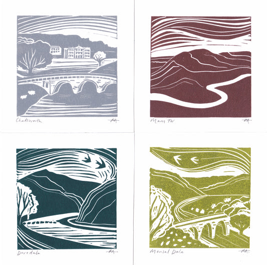 Peak District Mini Lino Prints | Chatsworth | Mam Tor | Dovedale | Monsal Dale
