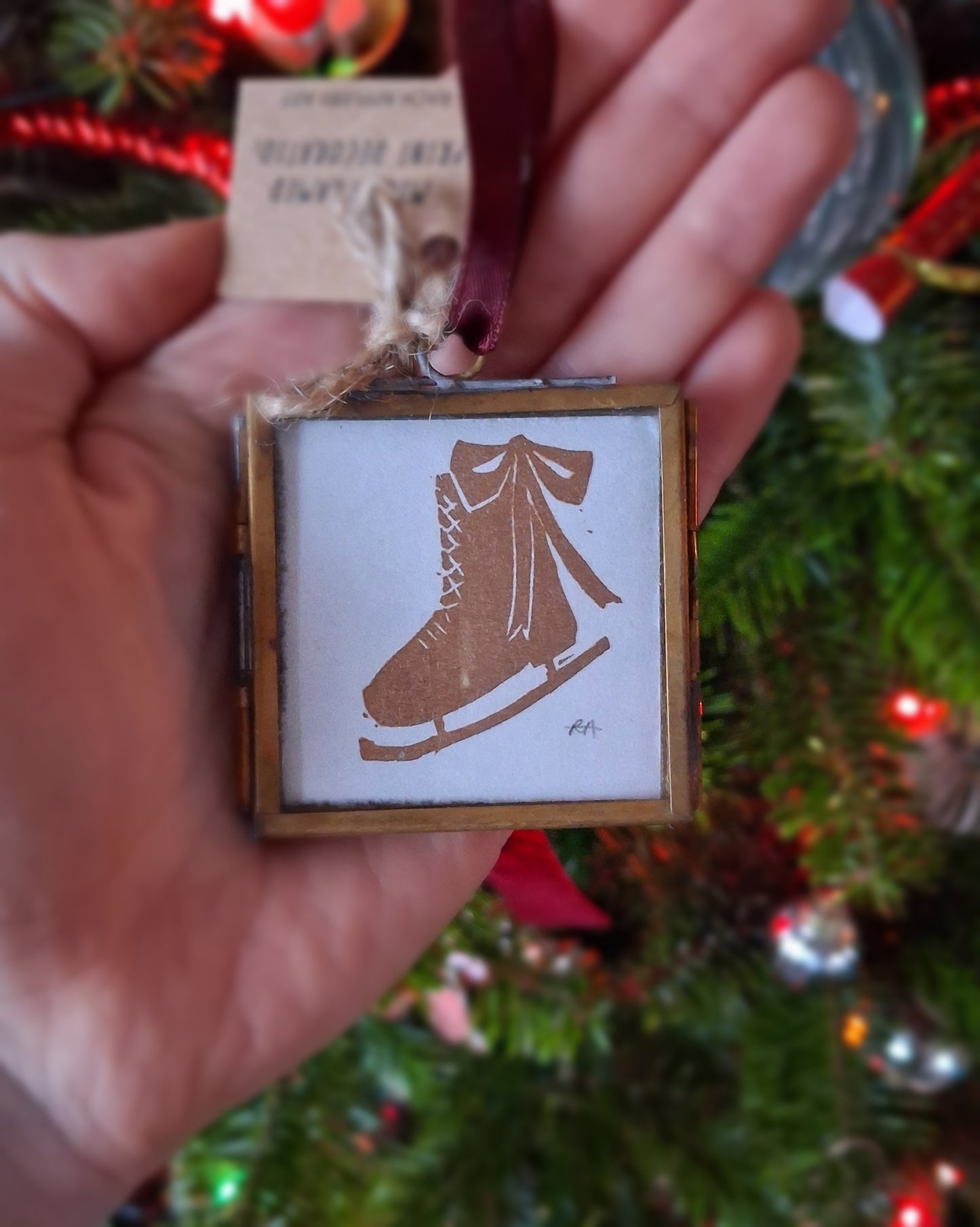 Mini Lino Print Brass Frame Christmas Decoration