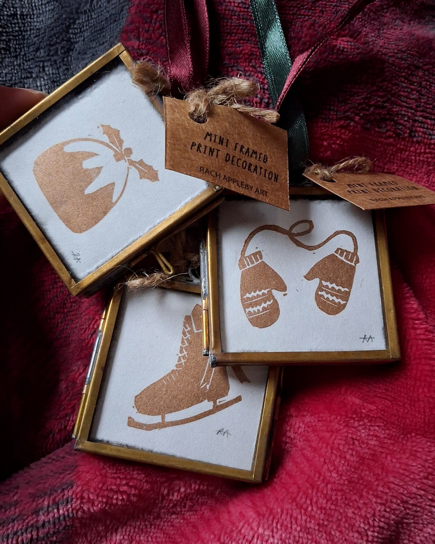 Mini Lino Print Brass Frame Christmas Decoration