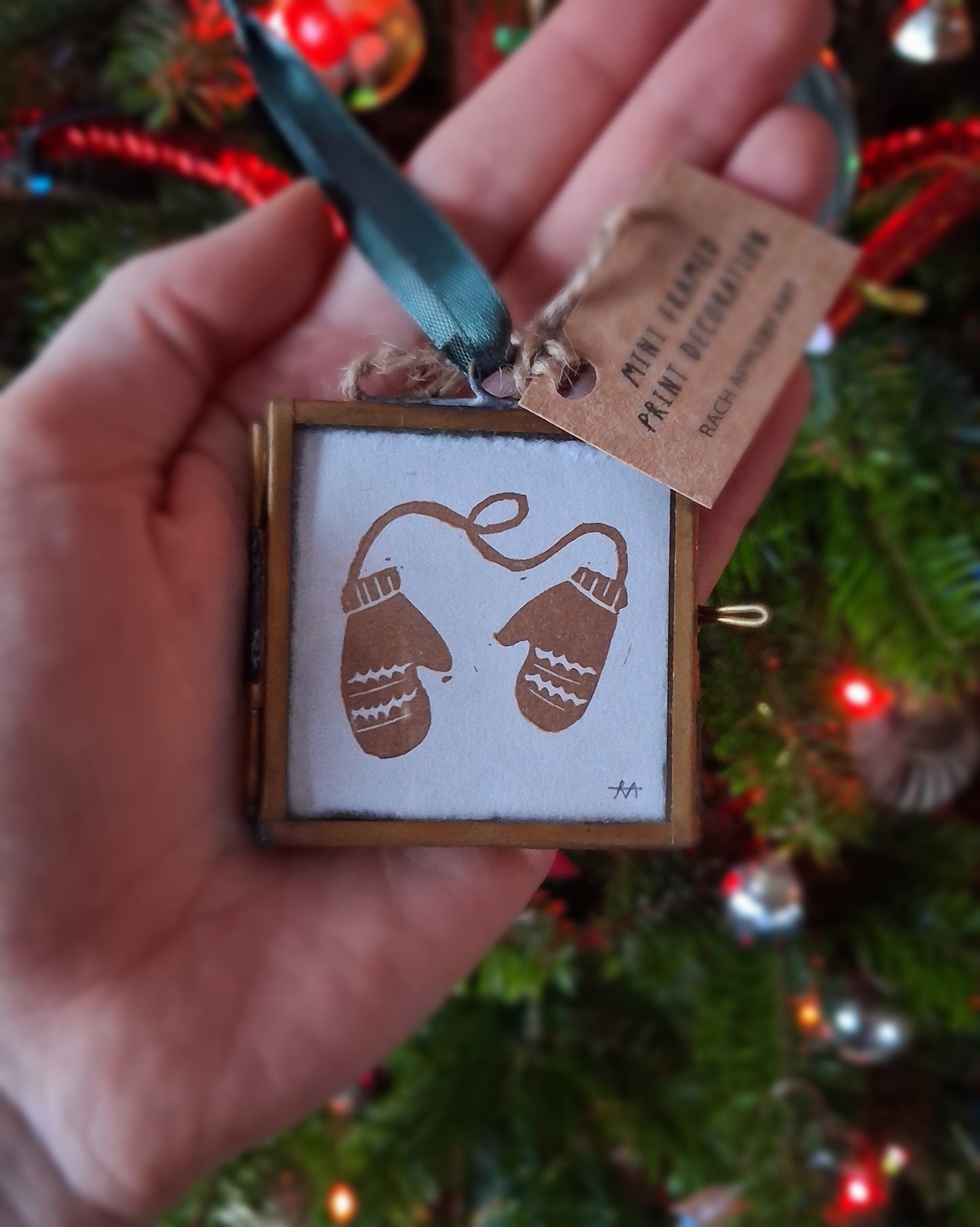 Mini Lino Print Brass Frame Christmas Decoration