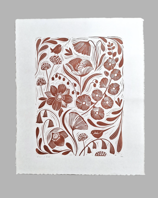 Blooms & Birds - Original Lino Print Terracotta