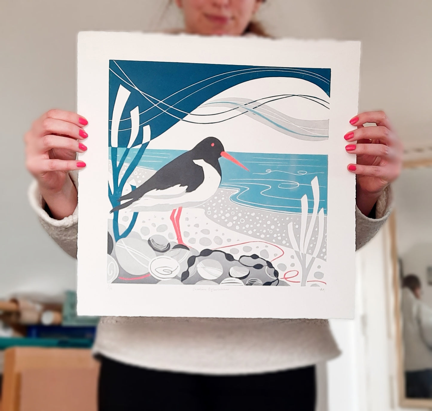 Shoreline Oystercatcher - Original Artwork | Square Lino Print | Large Wildlife Print | Coastal Art