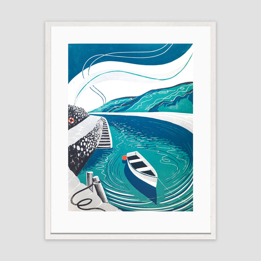 Safe Haven - Original Lino Print | Limited Edition | Clovelly Harbour | Devon Coast | Unframed