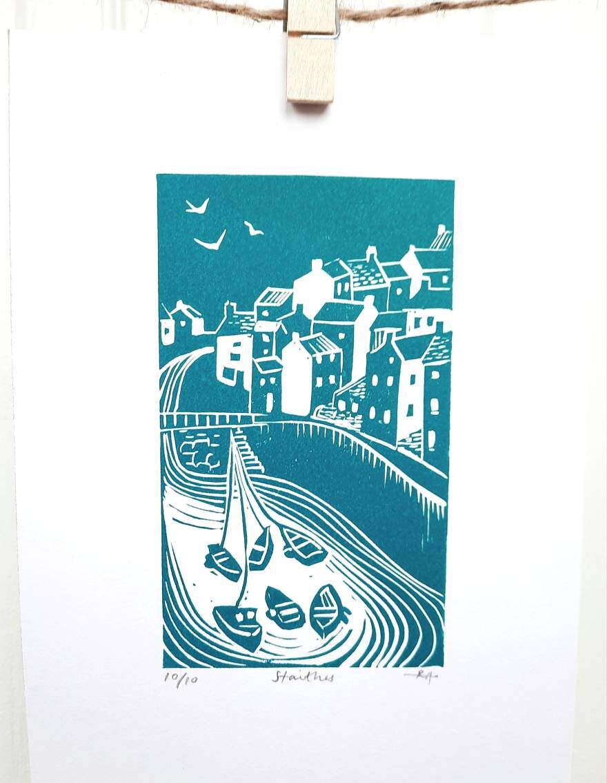 Staithes - Small Original Lino Print | Yorkshire Coast | Seaside Village | Artwork | Wall Art