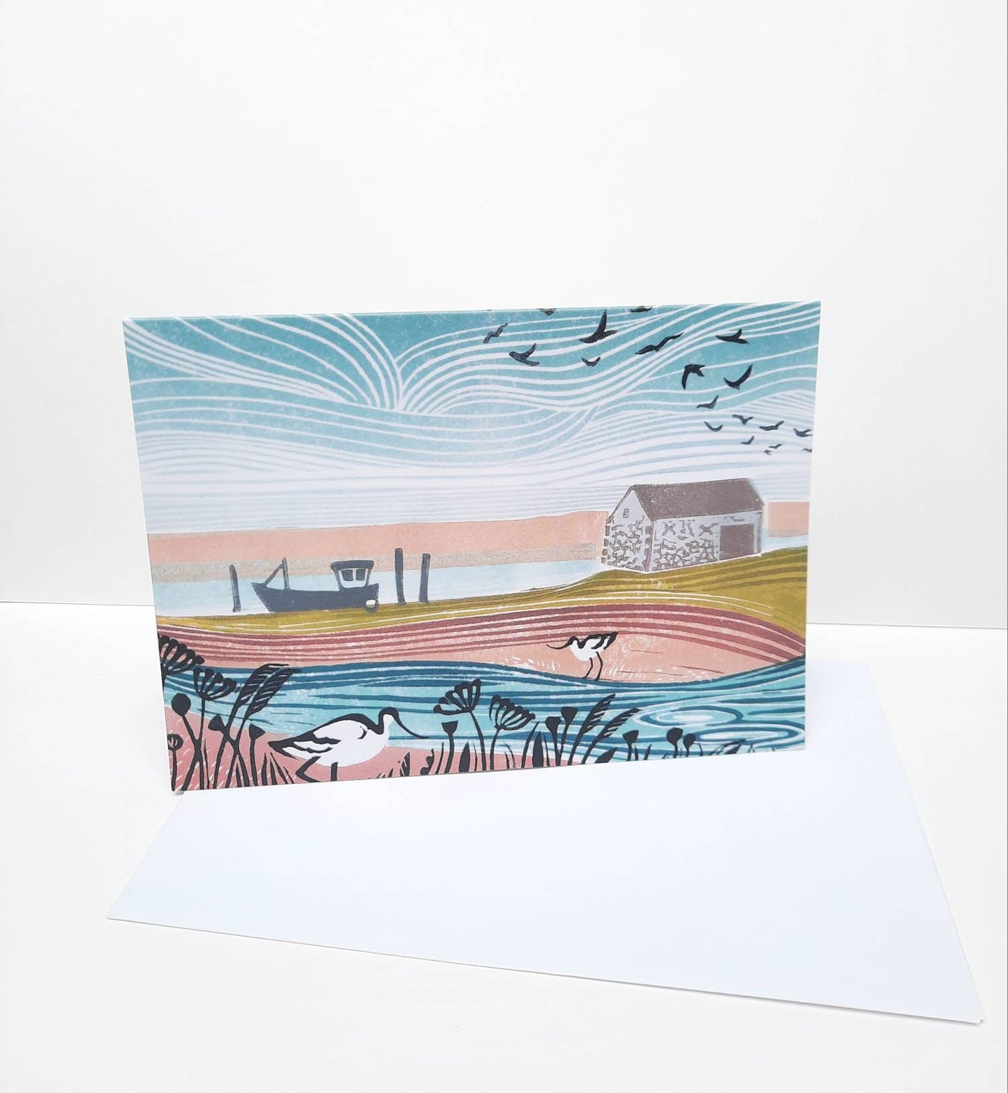 Thornham Avocets - Greetings Card | Lino Print reproduction | Norfolk Landscape | Notecard