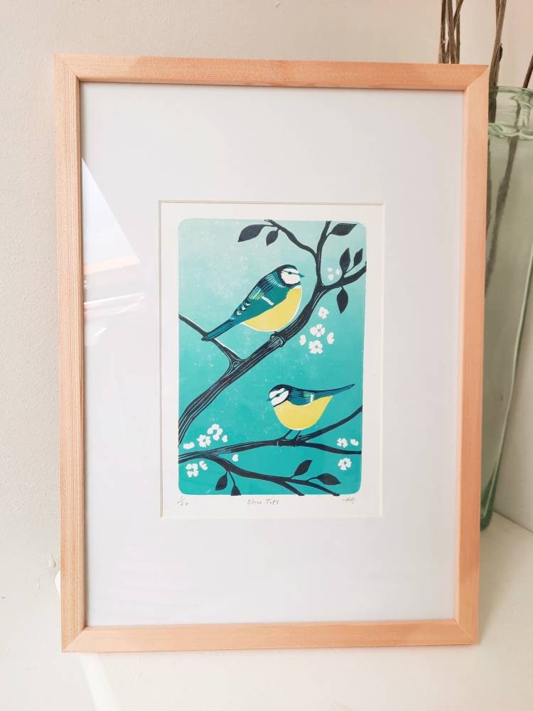 Blue Tits - Small Original Lino Print | Wildlife Artwork | Birds Wall Art | Unframed Limited Edition