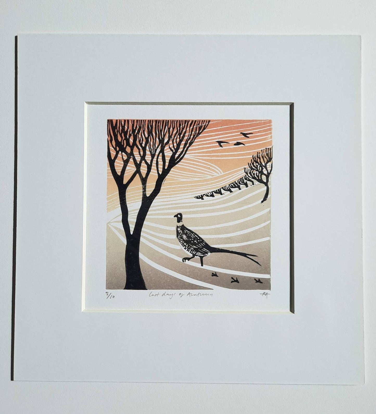 Last Days of Autumn - Original Landscape Lino Print | Gift Idea | Winter Pheasant