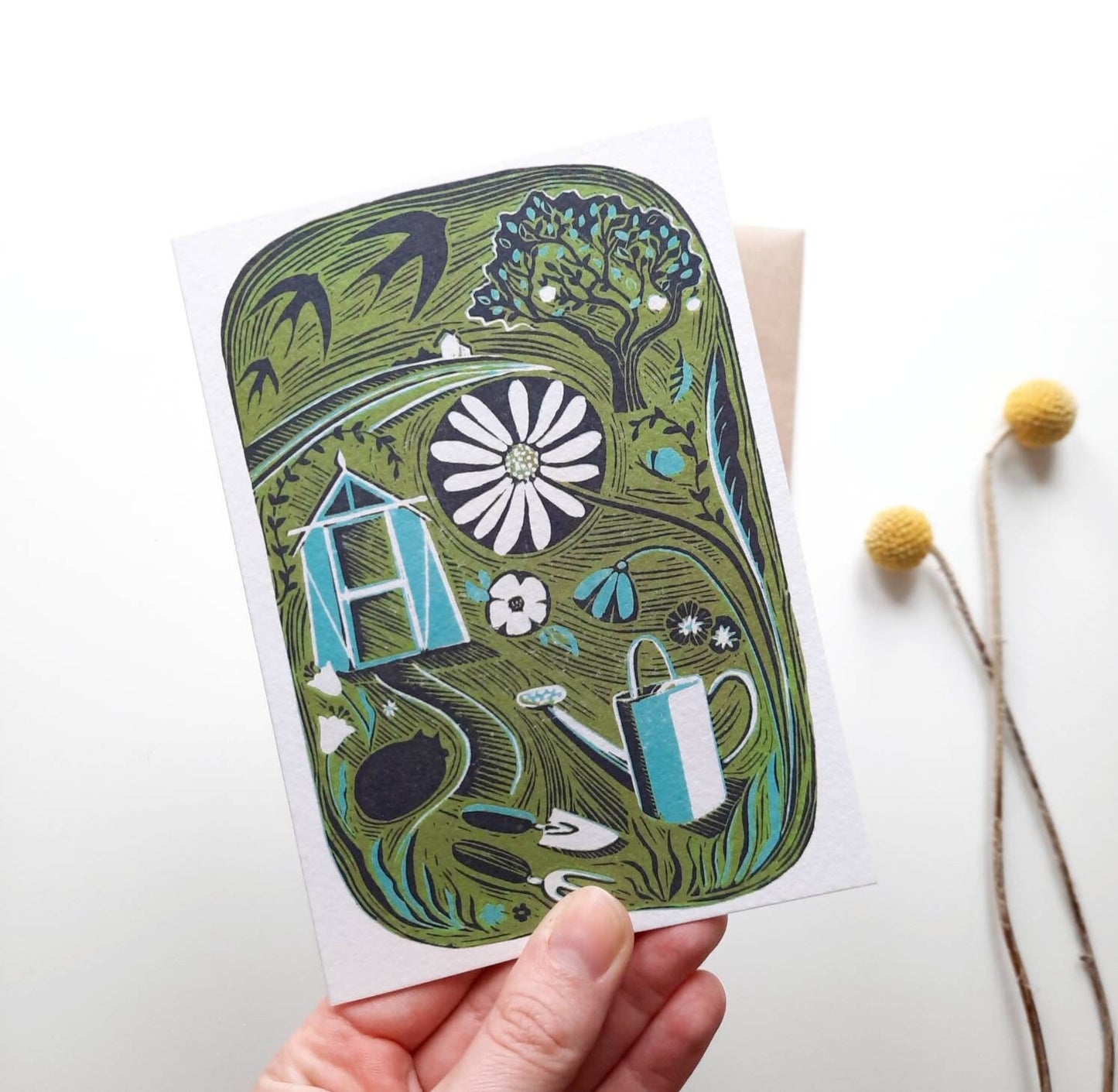 Garden Escape - Greetings Card | Lino Print reproduction | Gardening | Notecard