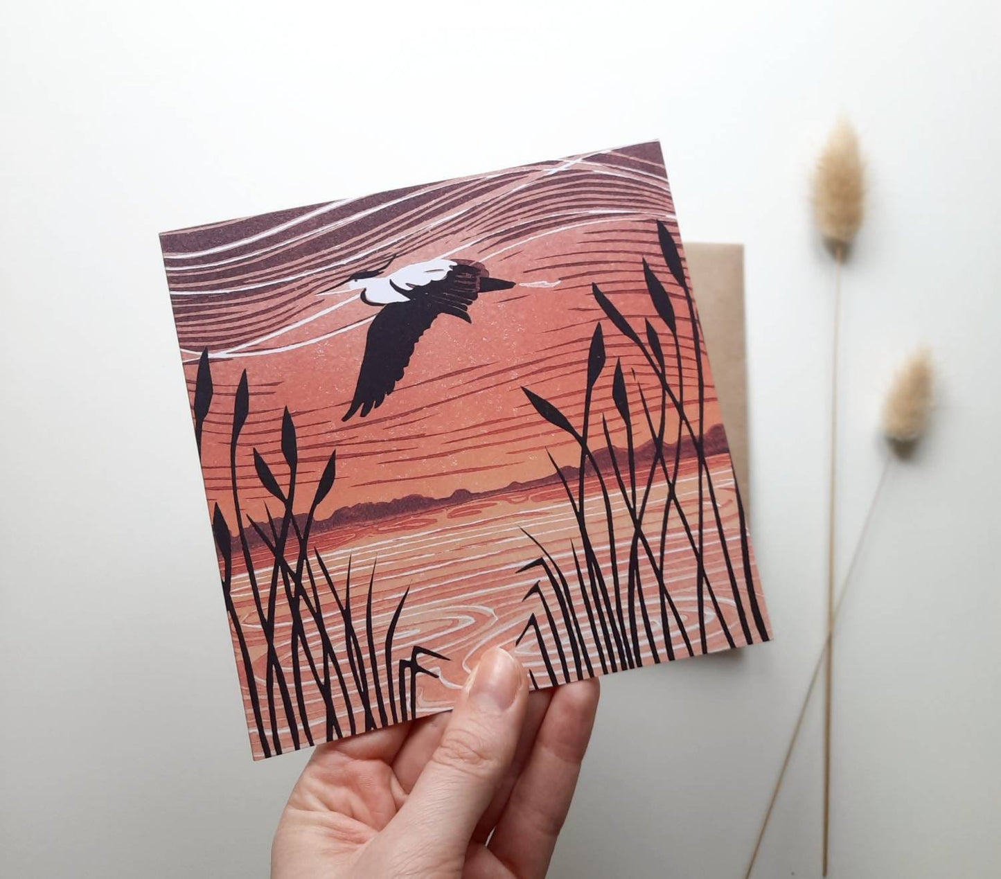 In Flight - Greetings Card | Lino Print reproduction | Heron Landscape | Notecard
