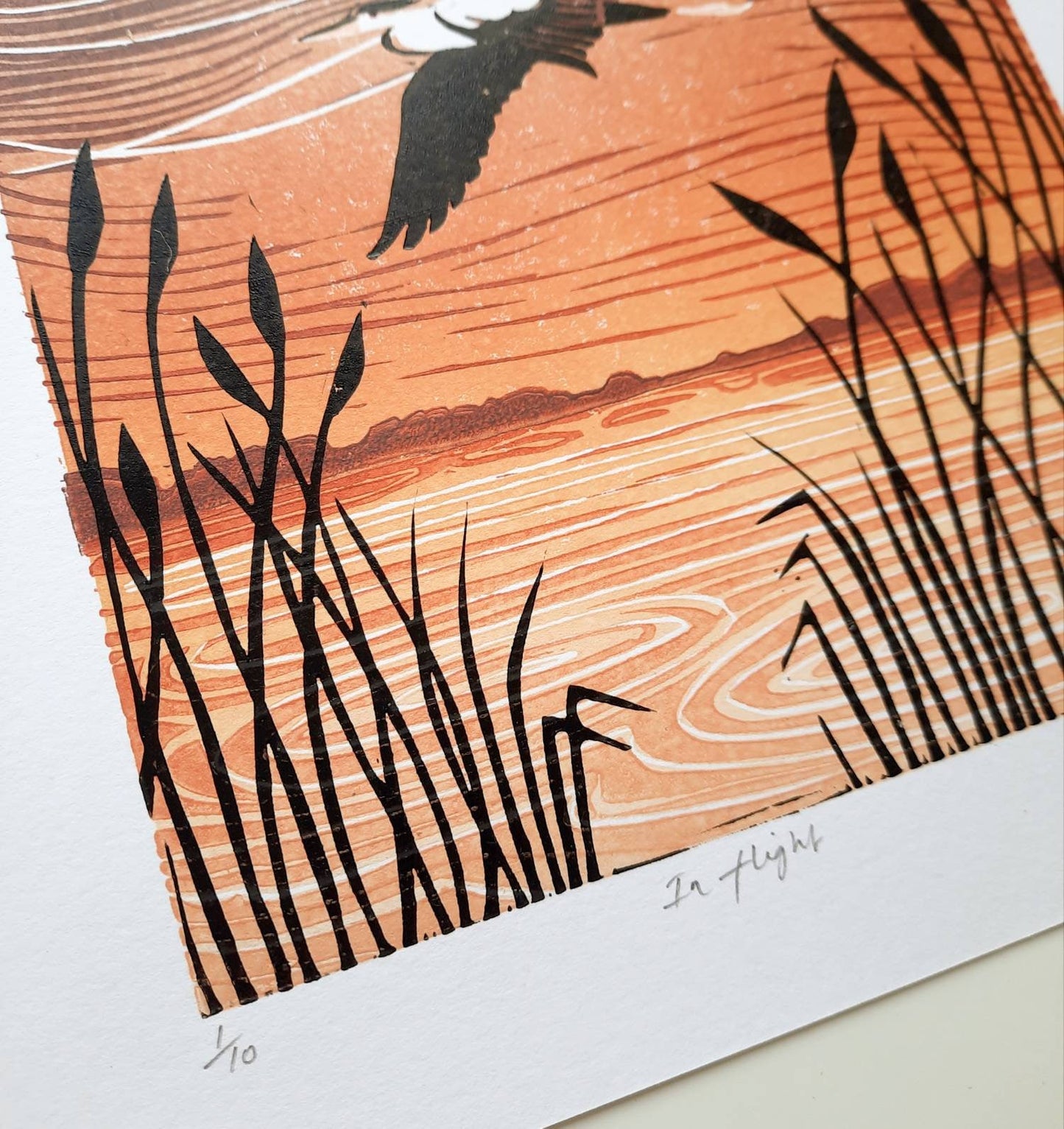 In Flight - Original Lino Print | Gift Idea | Heron | Nature Reserve | Sunset
