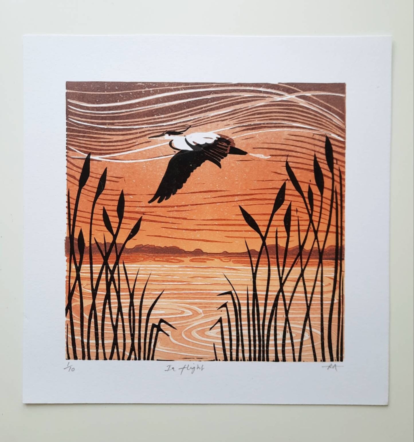 In Flight - Original Lino Print | Gift Idea | Heron | Nature Reserve | Sunset