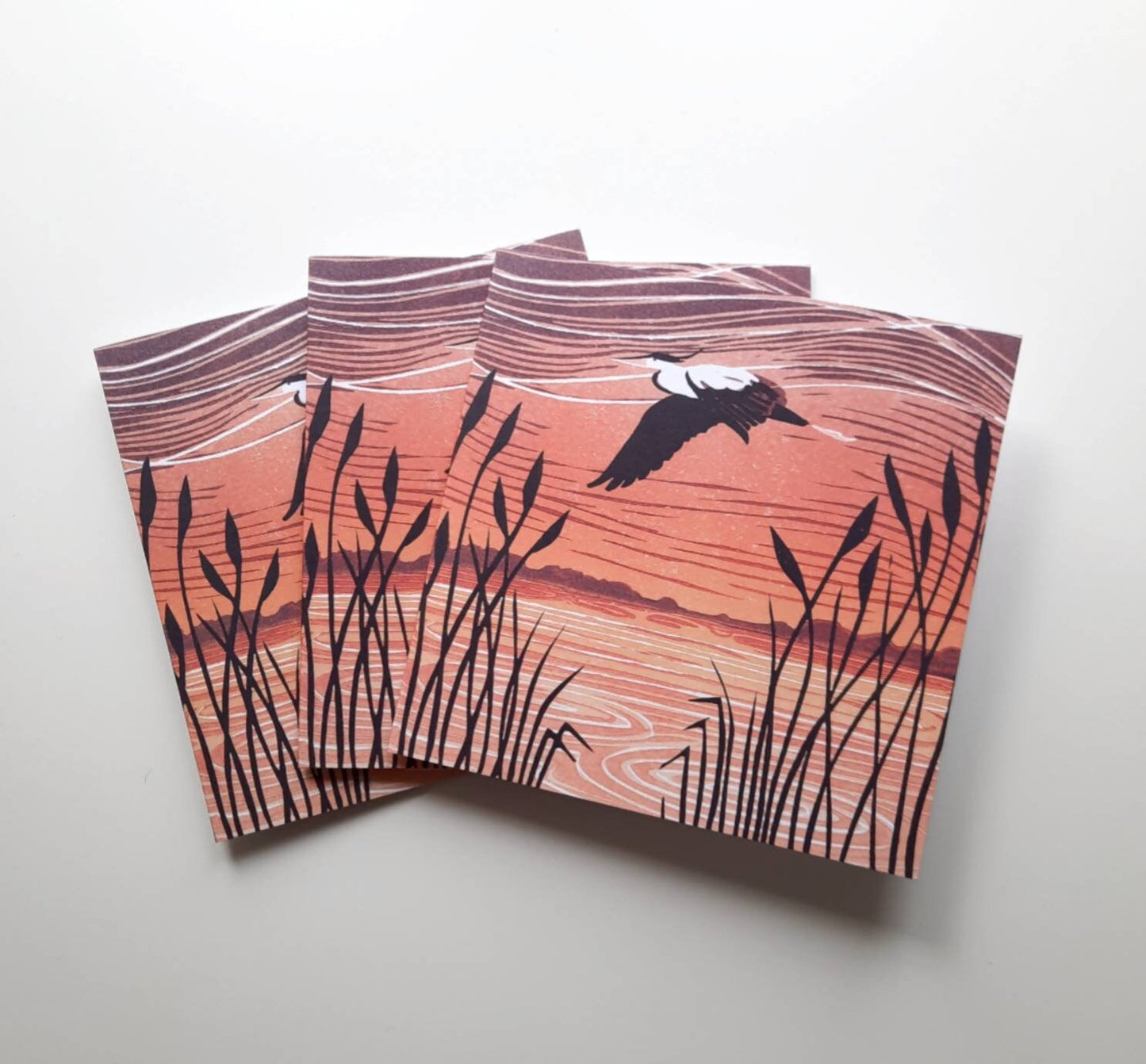 In Flight - Greetings Card | Lino Print reproduction | Heron Landscape | Notecard